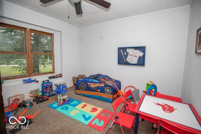 game room featuring carpet floors and ceiling fan