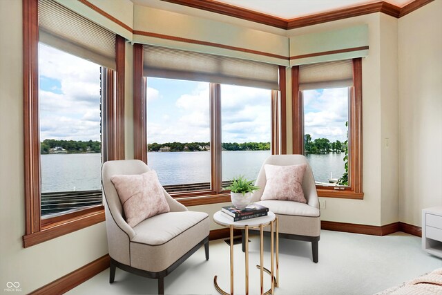 sitting room with carpet floors, crown molding, and a water view