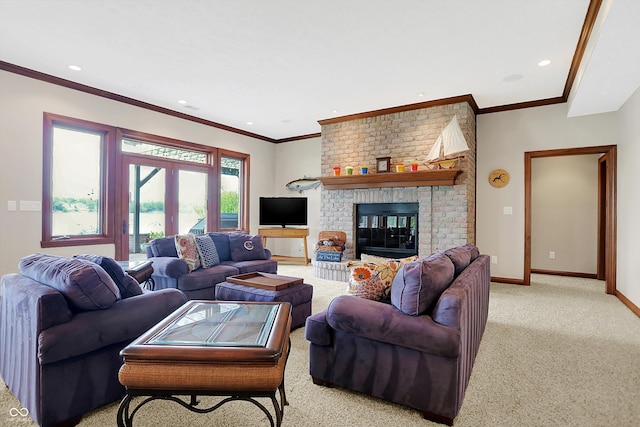 carpeted living room featuring a brick fireplace, french doors, and ornamental molding