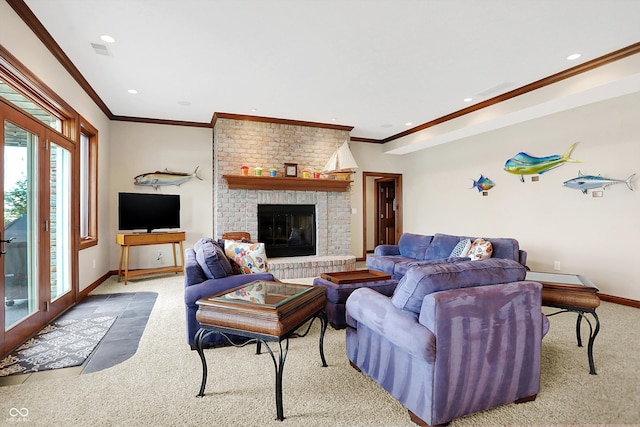 living room featuring ornamental molding, light carpet, and a brick fireplace