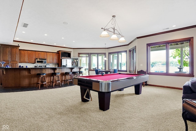 rec room with light colored carpet, billiards, and crown molding