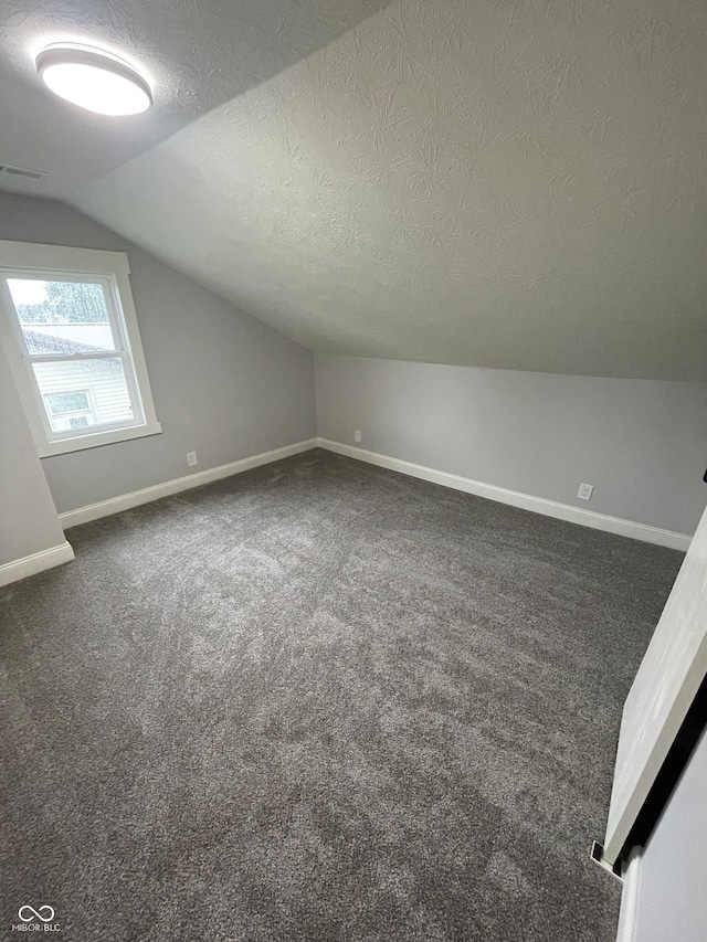 bonus room with carpet floors, a textured ceiling, and lofted ceiling