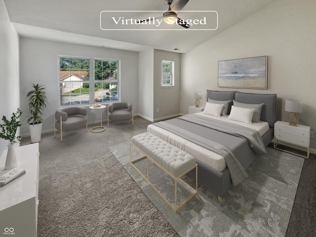 bedroom with vaulted ceiling, ceiling fan, and dark carpet