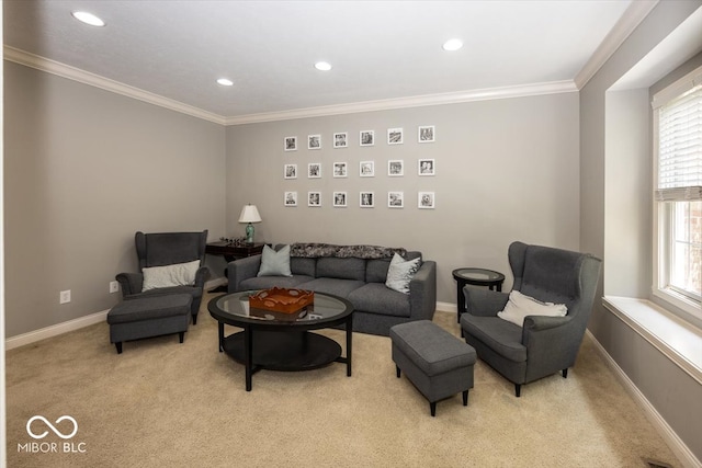 carpeted living room with ornamental molding