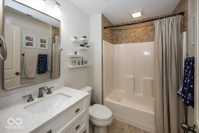 full bathroom featuring a textured ceiling, toilet, shower / tub combo, vanity, and tile patterned flooring