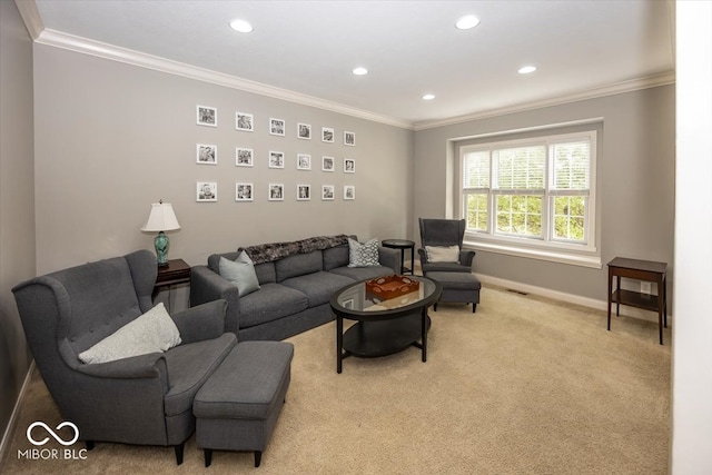 living room featuring ornamental molding and light colored carpet