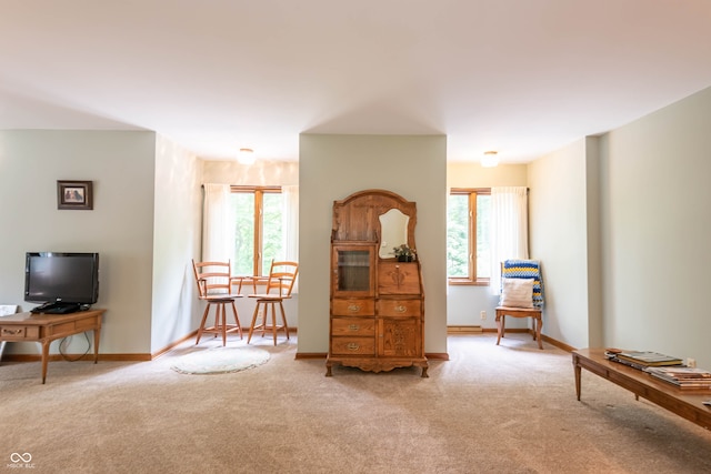 sitting room featuring carpet floors and baseboards
