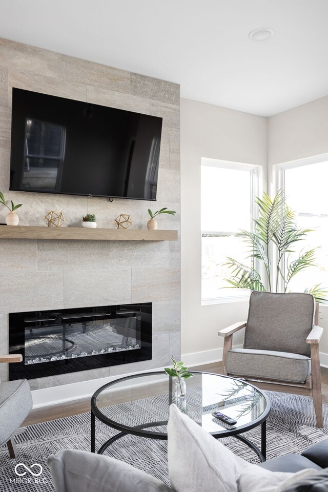 living room with a tiled fireplace and hardwood / wood-style floors