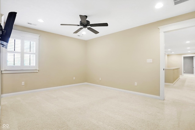 spare room with recessed lighting, baseboards, visible vents, and ceiling fan