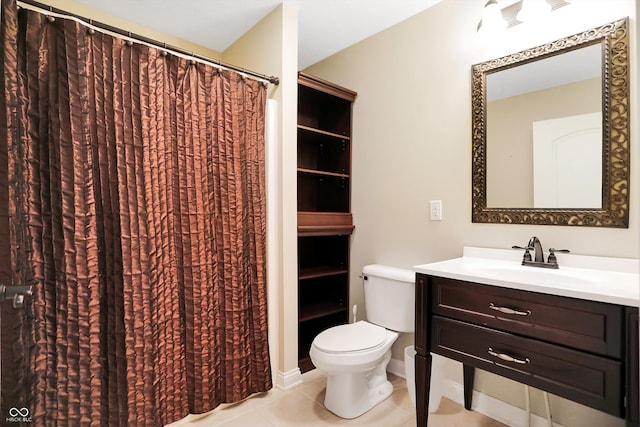 bathroom featuring walk in shower, vanity, tile patterned flooring, and toilet