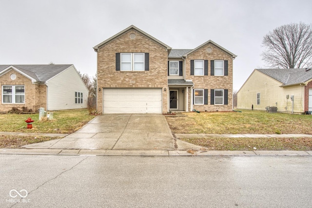 view of front of house with a garage, central AC unit, and a front yard