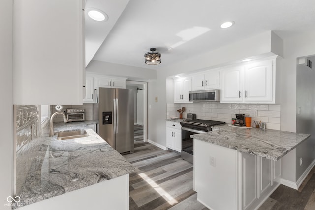 kitchen with appliances with stainless steel finishes, tasteful backsplash, light stone counters, and hardwood / wood-style floors