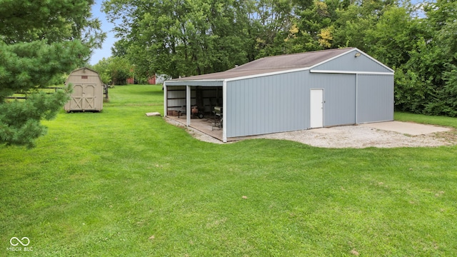 view of outdoor structure with a lawn