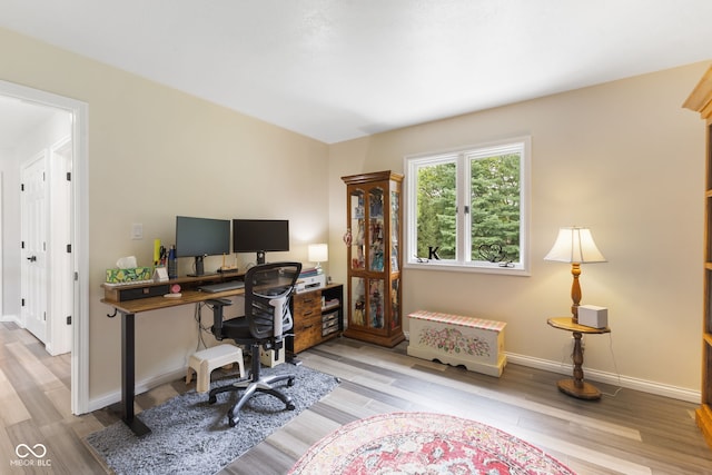 office area with light hardwood / wood-style flooring