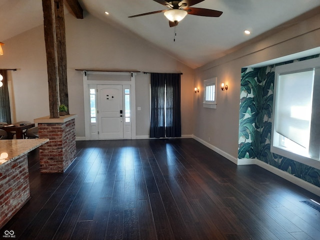 entryway featuring dark wood-style floors, visible vents, baseboards, high vaulted ceiling, and ceiling fan