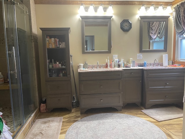 bathroom with vanity, walk in shower, and parquet flooring