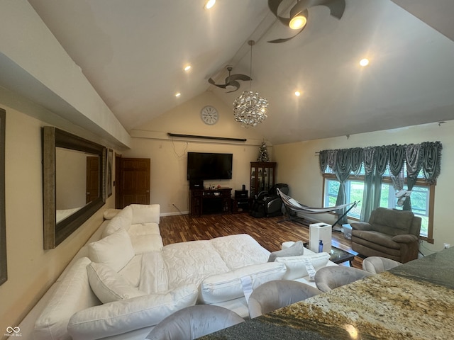 living room with high vaulted ceiling, ceiling fan, and wood-type flooring