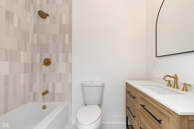 full bathroom featuring vanity, tile patterned flooring, tiled shower / bath combo, and toilet