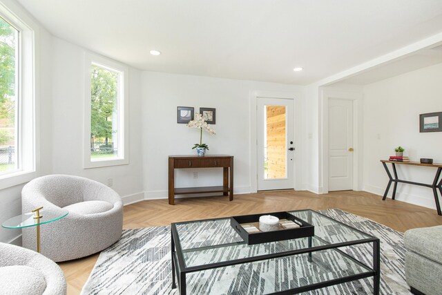 living room featuring light parquet floors