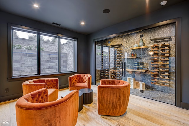 wine cellar featuring hardwood / wood-style floors and a wealth of natural light