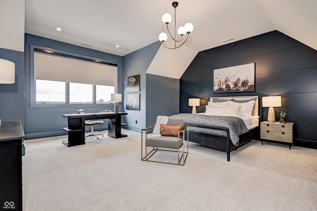 bedroom featuring a notable chandelier, lofted ceiling, and light colored carpet