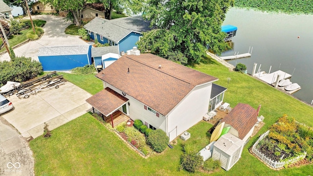 drone / aerial view featuring a water view