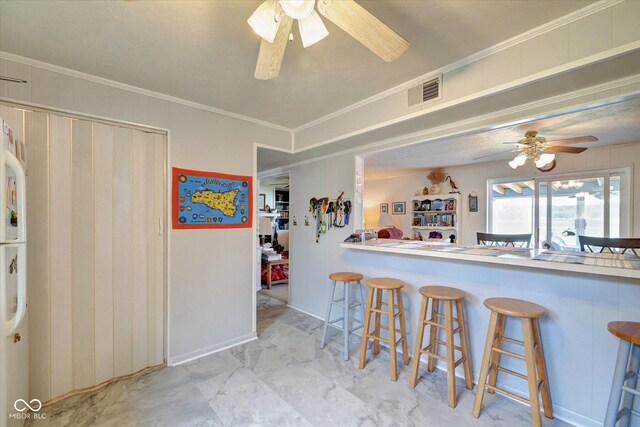 kitchen with ornamental molding, ceiling fan, and a kitchen bar