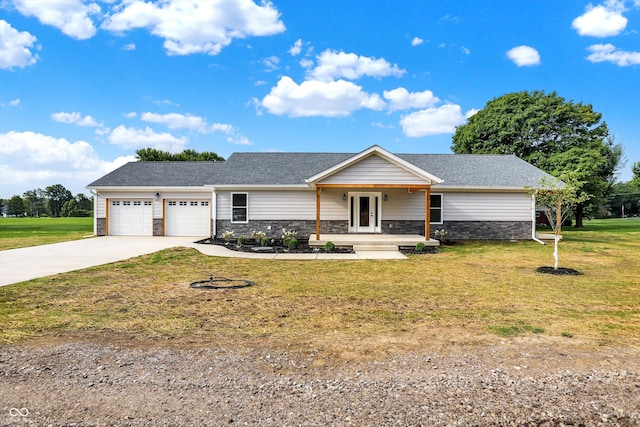 ranch-style home with a garage, covered porch, and a front yard