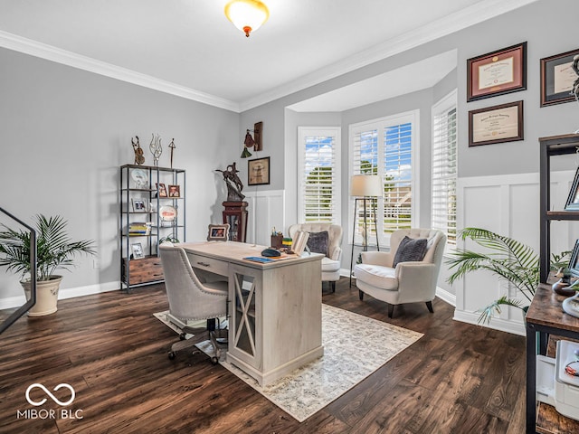 office area with dark wood-type flooring and crown molding