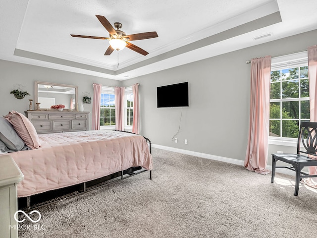 bedroom featuring carpet floors, ceiling fan, and a tray ceiling