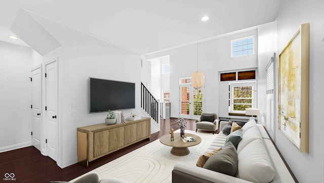 living room with dark hardwood / wood-style flooring and a high ceiling