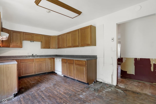 kitchen featuring sink, ventilation hood, white dishwasher, and dark hardwood / wood-style floors