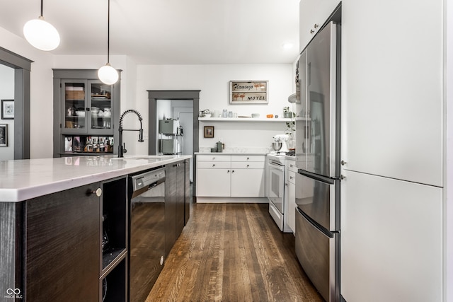 kitchen with pendant lighting, white range with electric stovetop, sink, black dishwasher, and white cabinets