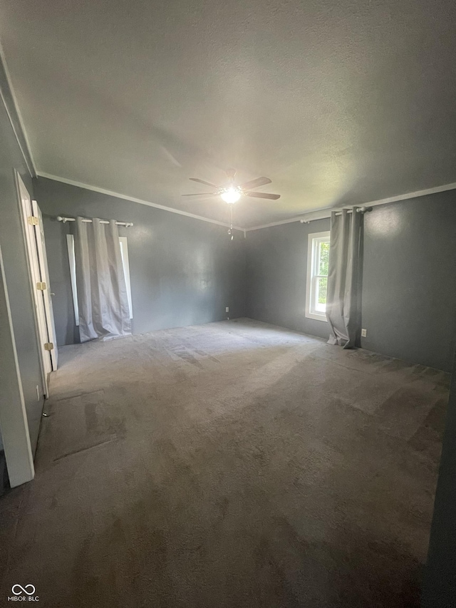 unfurnished room featuring crown molding, carpet, a textured ceiling, and ceiling fan