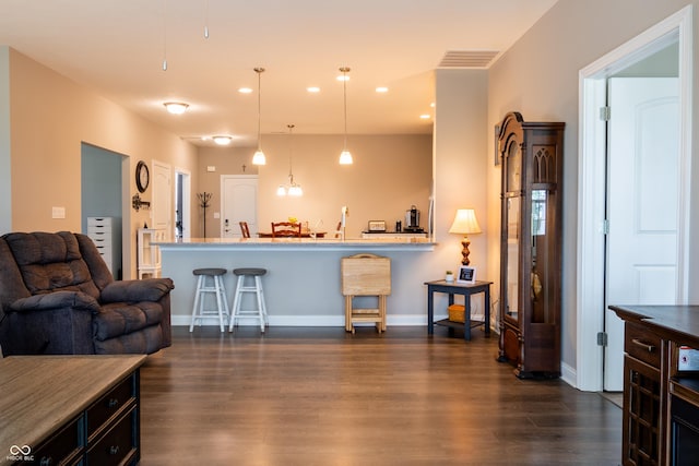 living room with dark hardwood / wood-style floors