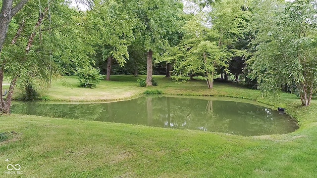 view of property's community with a water view and a lawn