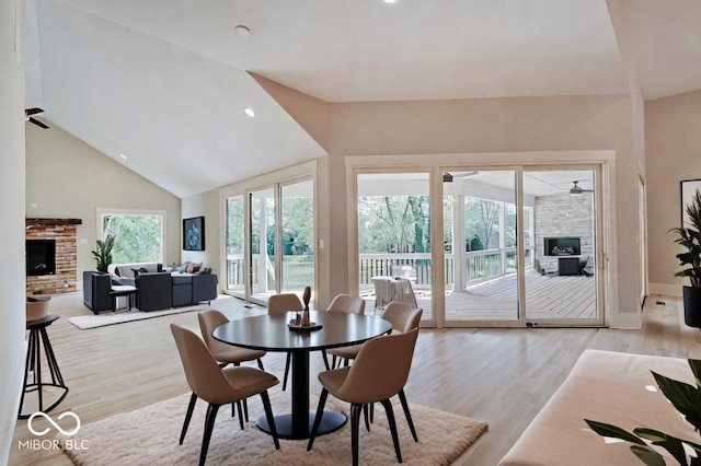 dining area featuring ceiling fan, a fireplace, light wood-type flooring, and high vaulted ceiling