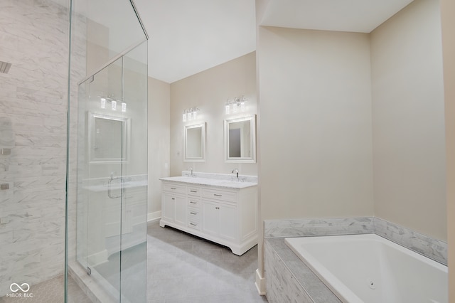 bathroom featuring shower with separate bathtub, tile patterned flooring, and dual bowl vanity