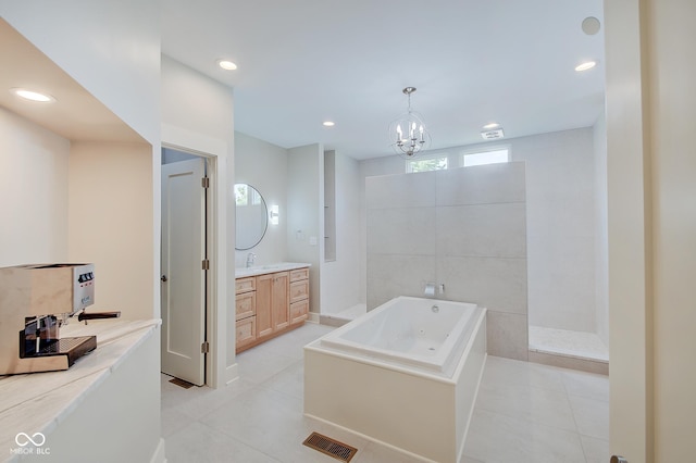 bathroom featuring recessed lighting, visible vents, vanity, tile patterned floors, and a whirlpool tub