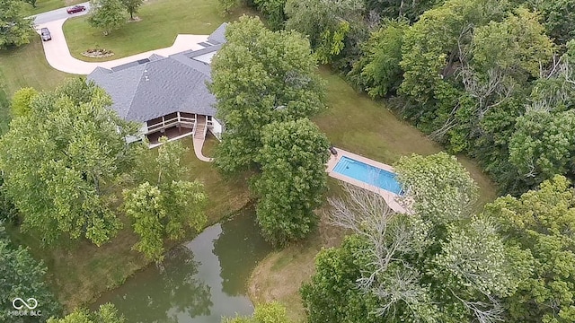 drone / aerial view featuring a water view