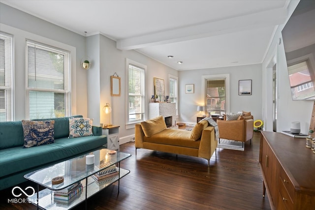 living room with beam ceiling and dark hardwood / wood-style floors