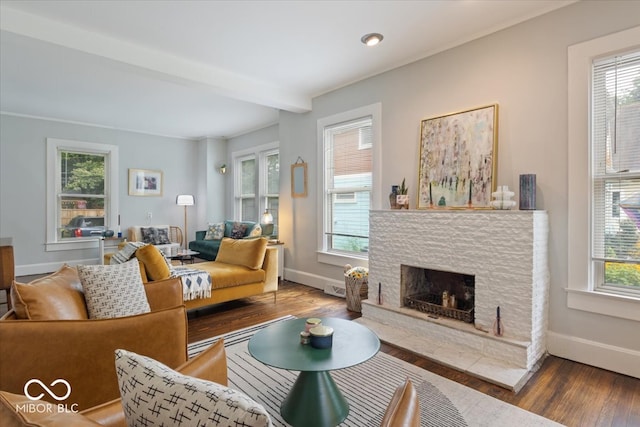 living room featuring wood-type flooring, a stone fireplace, and plenty of natural light