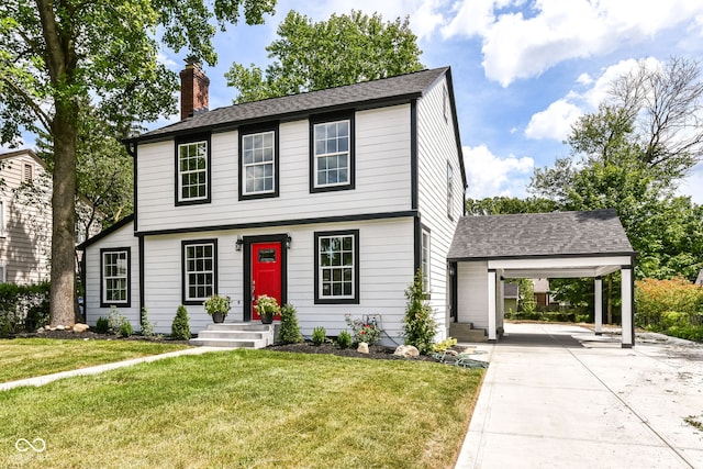 colonial-style house featuring a carport and a front yard