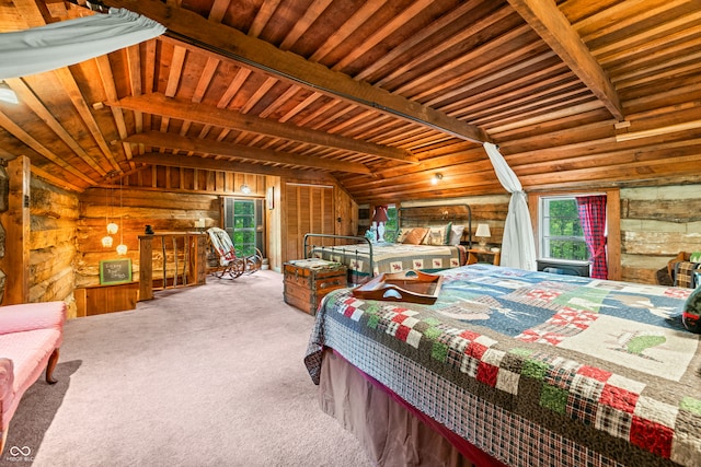 carpeted bedroom with vaulted ceiling with beams, wood ceiling, and wood walls