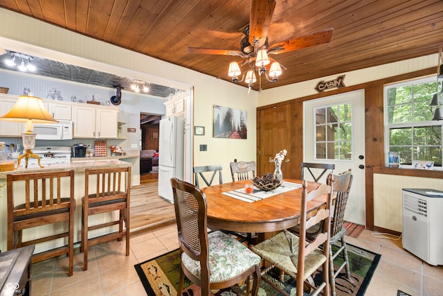 tiled dining area featuring ceiling fan and wooden ceiling