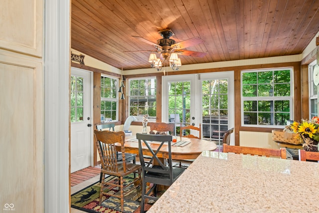 dining space featuring french doors, wood ceiling, and ceiling fan