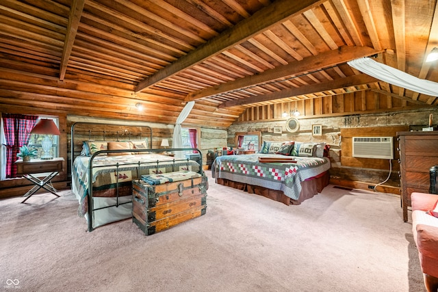 carpeted bedroom with vaulted ceiling with beams, wood ceiling, and a wall mounted air conditioner