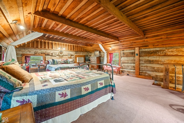 carpeted bedroom featuring wooden walls, beamed ceiling, and wooden ceiling