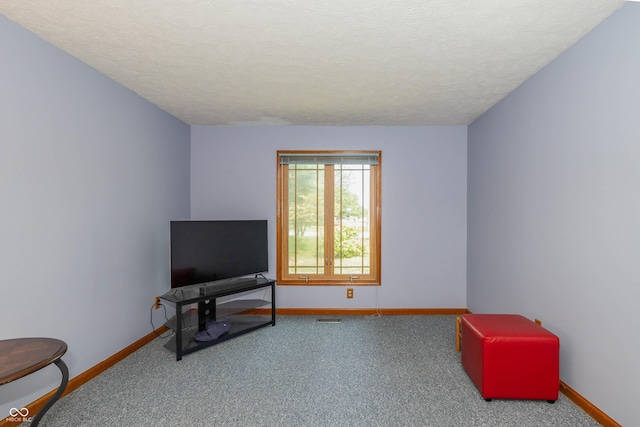 sitting room with carpet flooring and a textured ceiling