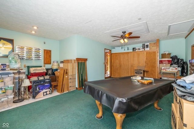 recreation room featuring ceiling fan, carpet floors, a textured ceiling, and billiards